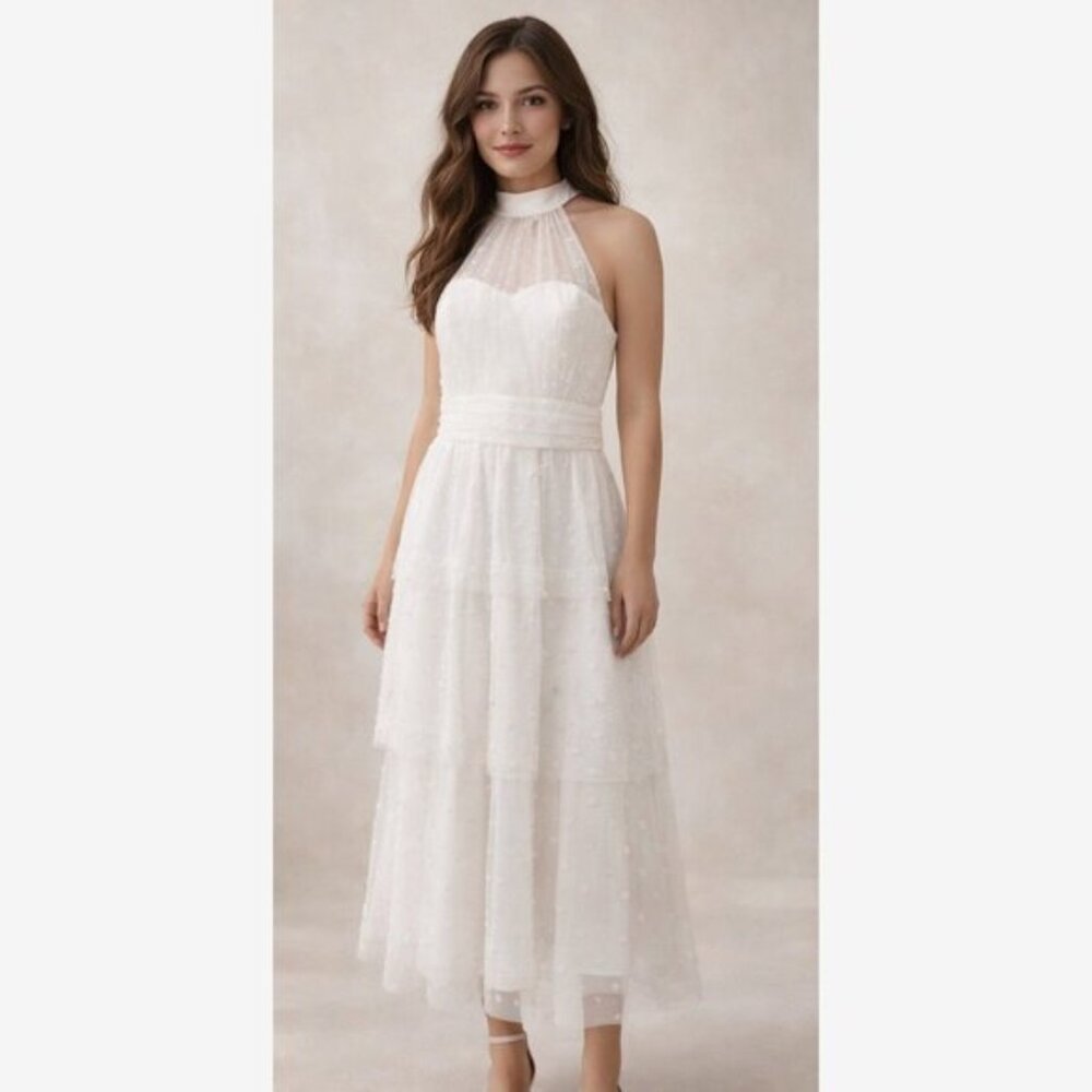 NEW Lulus Small Positively Precious White Floral Mesh Tiered Halter Midi Dress